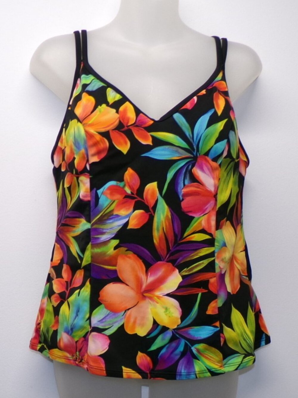 Miraclesuit Tankini Top Womens 14 Black Colorful Floral Padded Bra Tummy Control